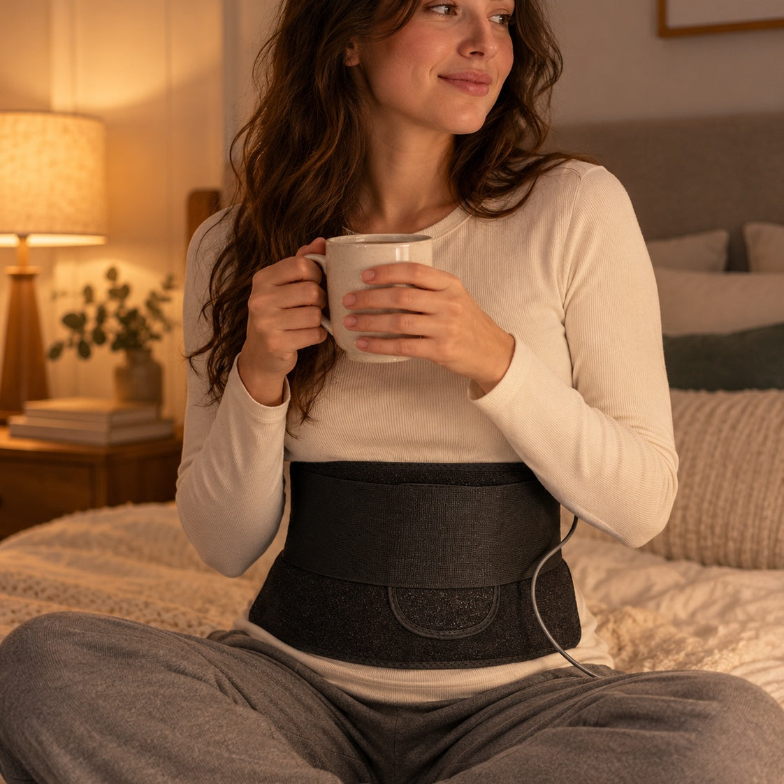 Woman sitting on a bed with a cup of tea while wearing the Elumi Wellness Belt