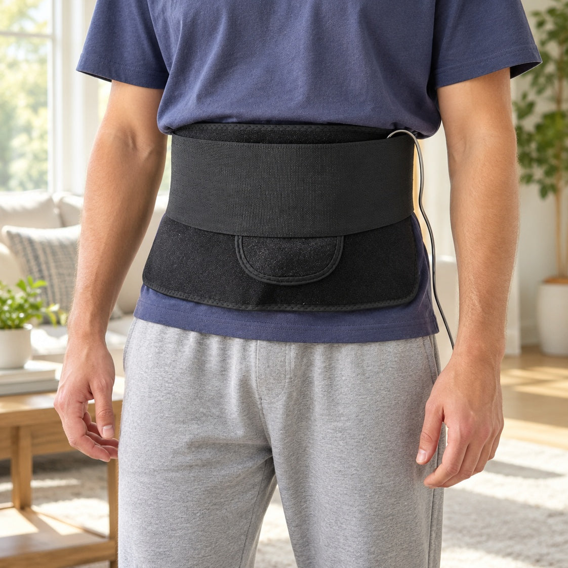 Man wearing the Elumi Wellness Belt around his waist, front view