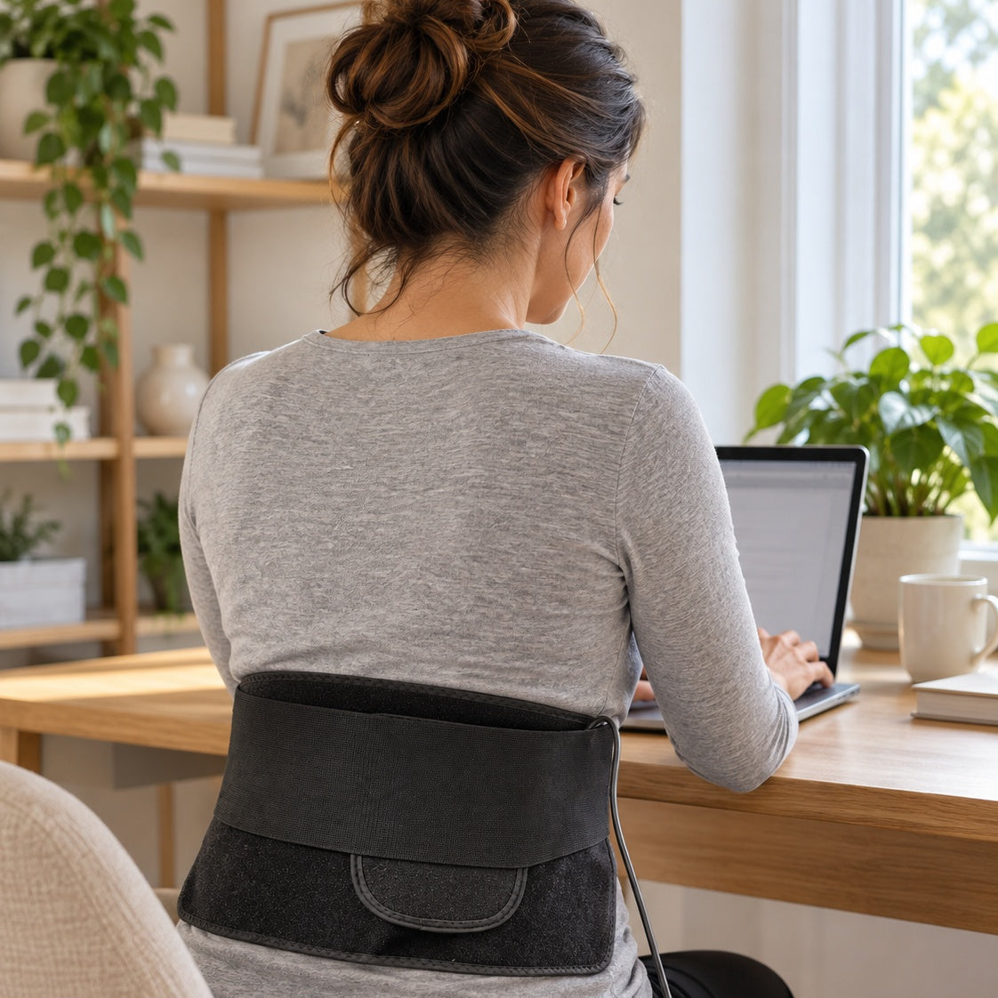 Woman working at a desk wearing the Elumi Wellness Belt around her lower back