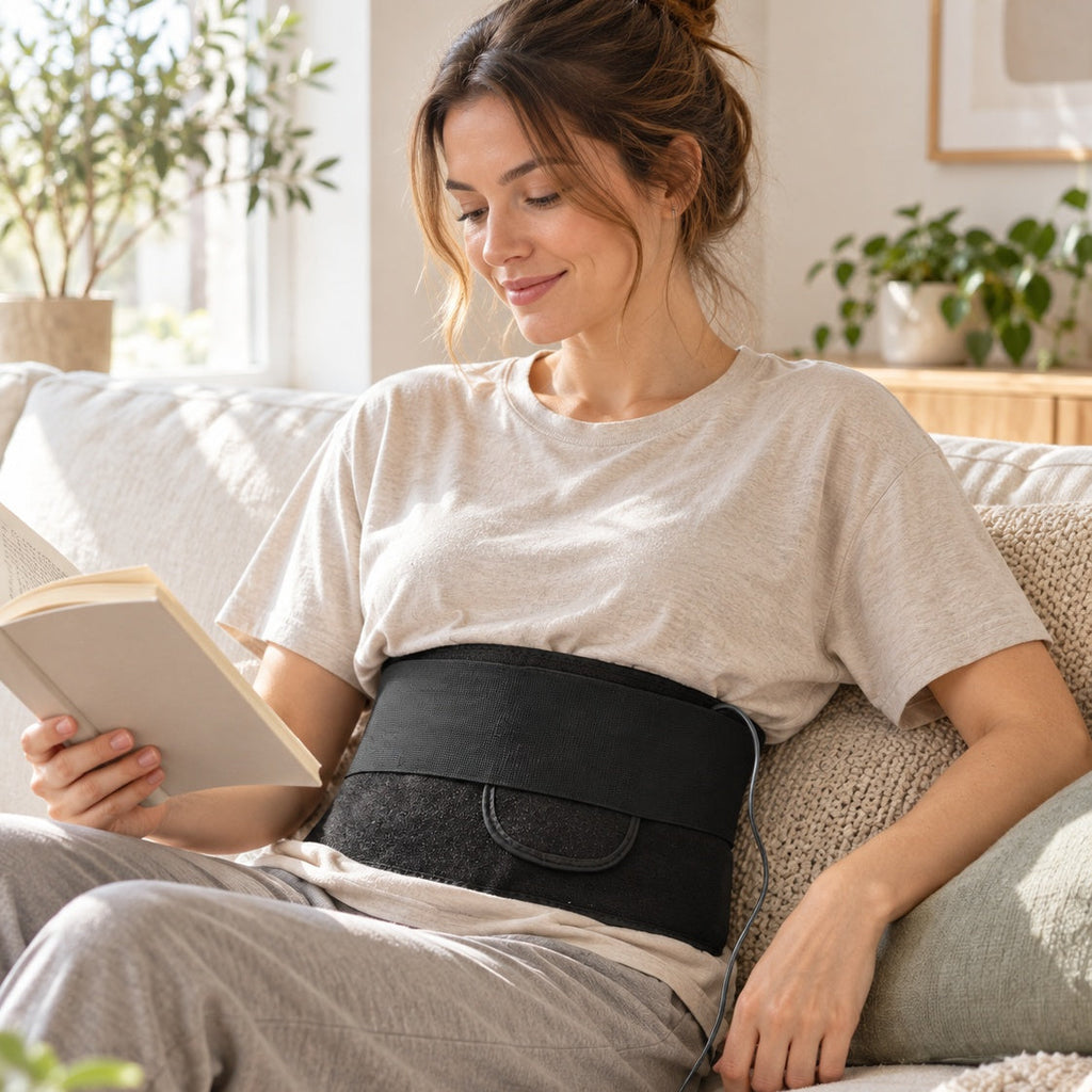 Woman reading on a sofa while wearing the Elumi Wellness Belt