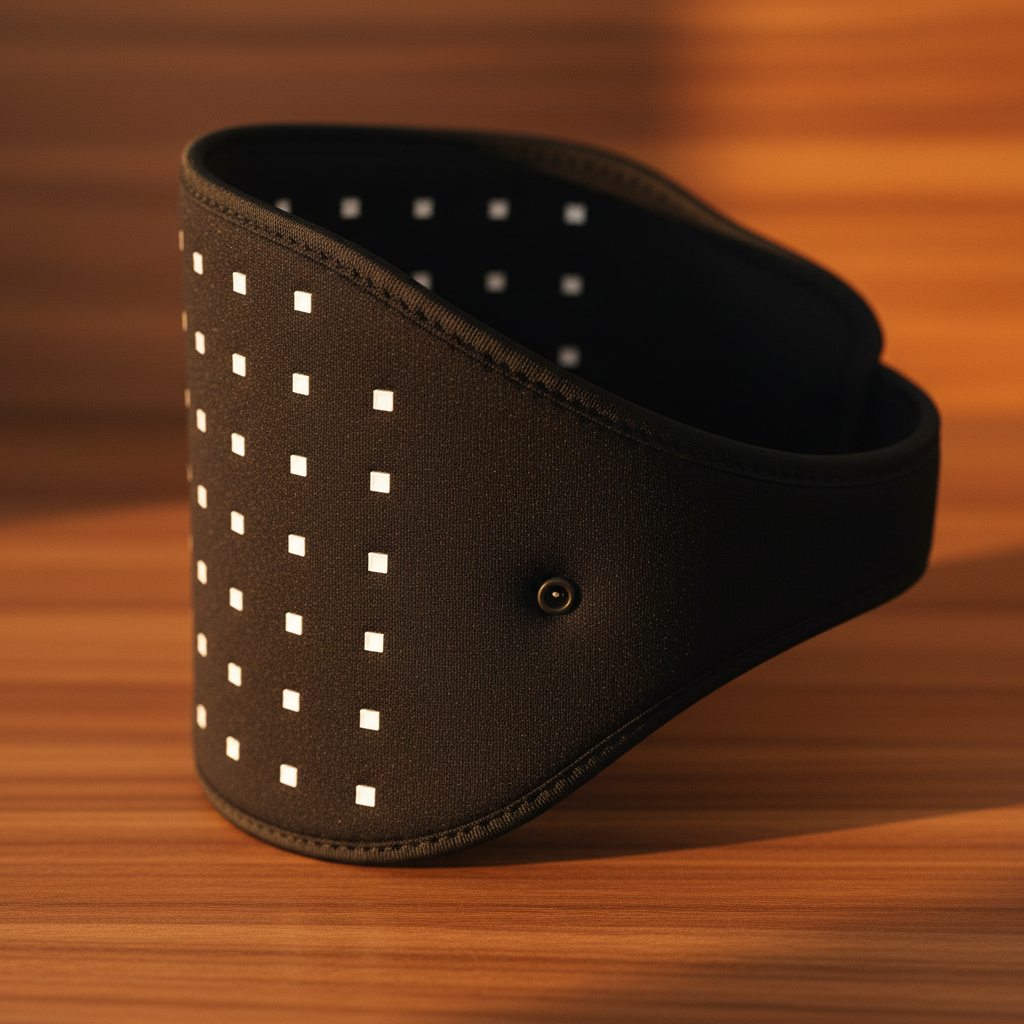 Close-up of the Elumi Wellness Belt fabric texture and charging port