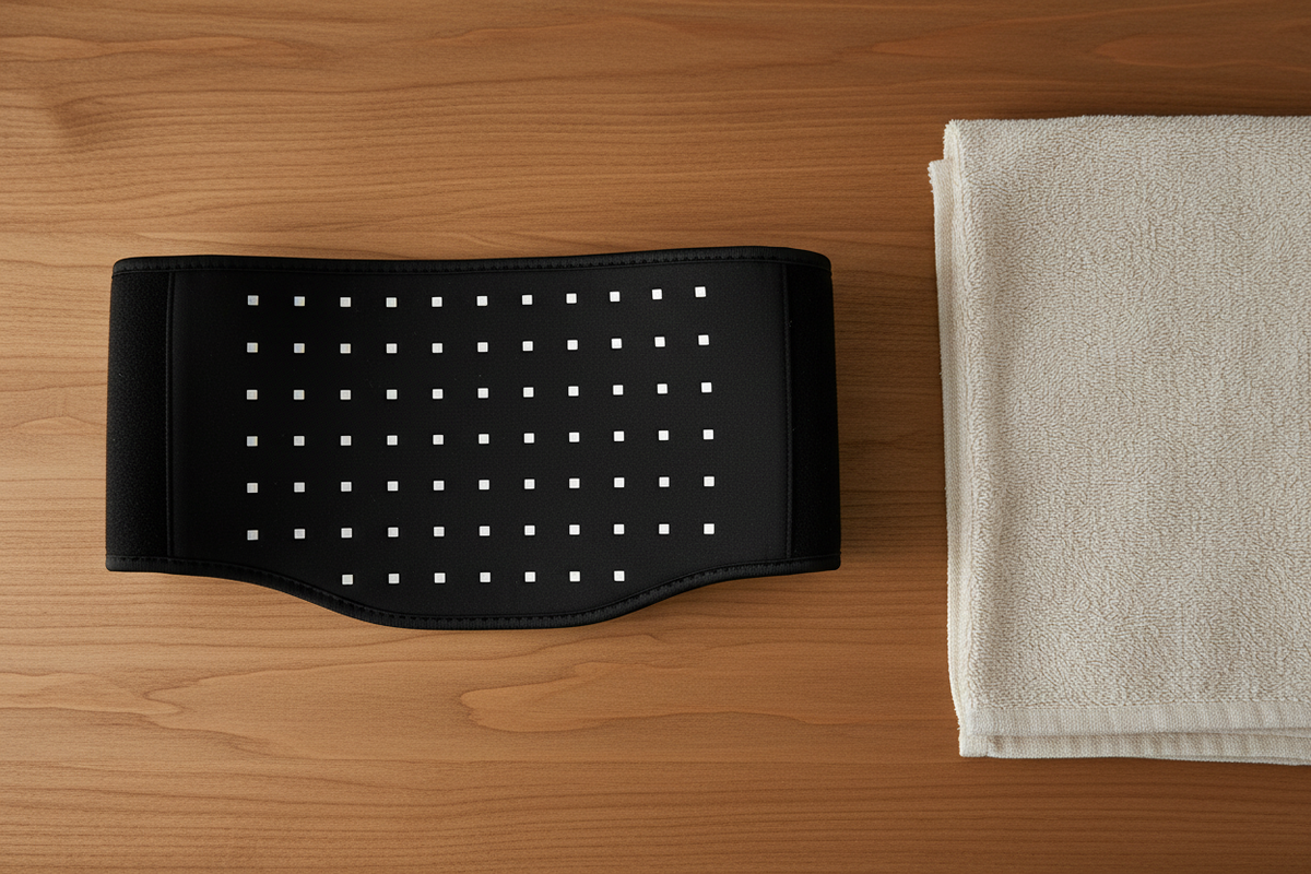 Elumi Wellness Belt shown flat next to a folded towel for size reference