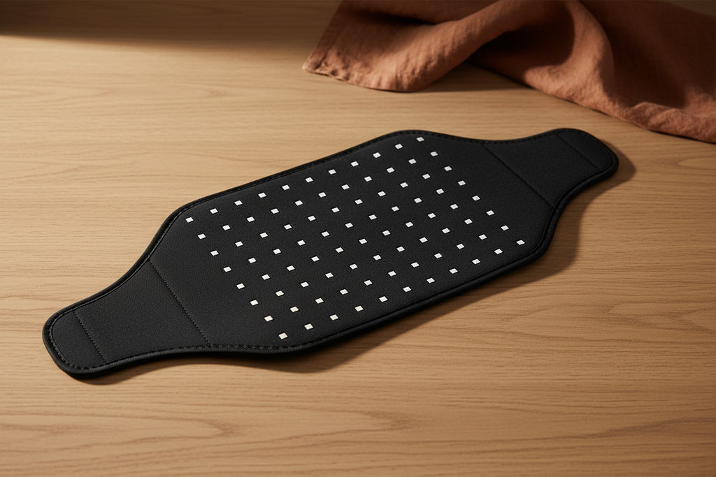 Elumi Wellness Belt laid flat on a wood surface, showing the 120-LED panel